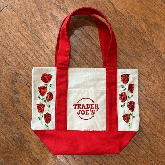 Trader Joe'S Handbags - Trader Joe’s mini tote custom embroidered red and canvas one of a kind